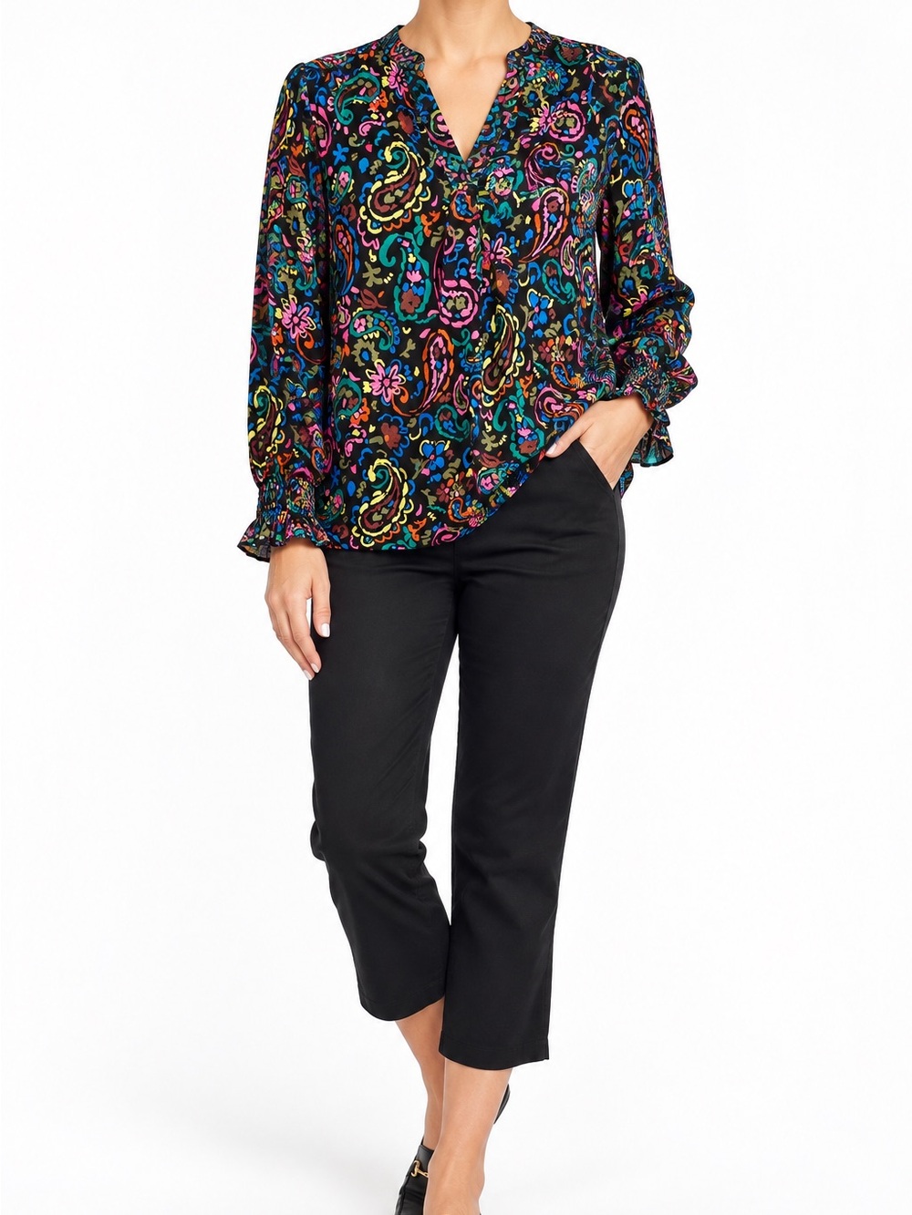 Black Paisley-Print Long Sleeve Blouse with Ruffle Cuffs